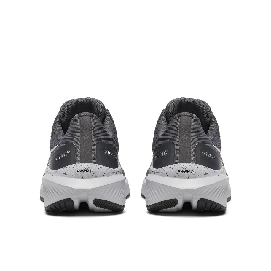 Pair of Saucony Echelon 10 X Wide men's road running shoes in Carbon/Black, back heel view