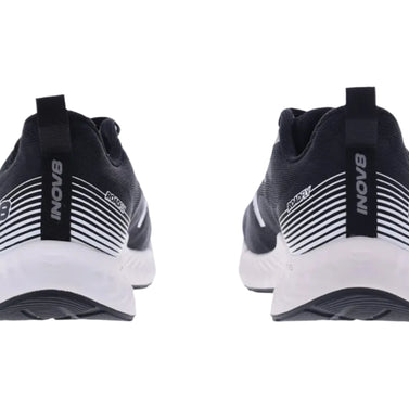 Pair of Inov8 RoadFly men's road running shoes in black and white, back view of heels with pull tabs