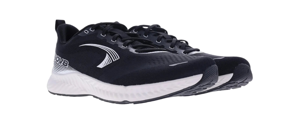 Pair of Inov8 RoadFly men's road running shoes in black and white, front three-quarter view