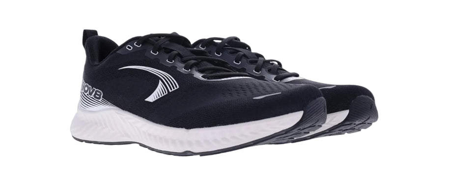 Pair of Inov8 RoadFly men's road running shoes in black and white, front three-quarter view