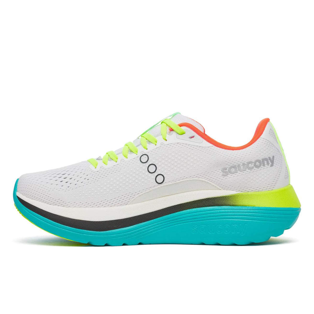 Saucony Endorphin Trainer men's running shoe in White/Mutant, inner side view with yellow-green laces