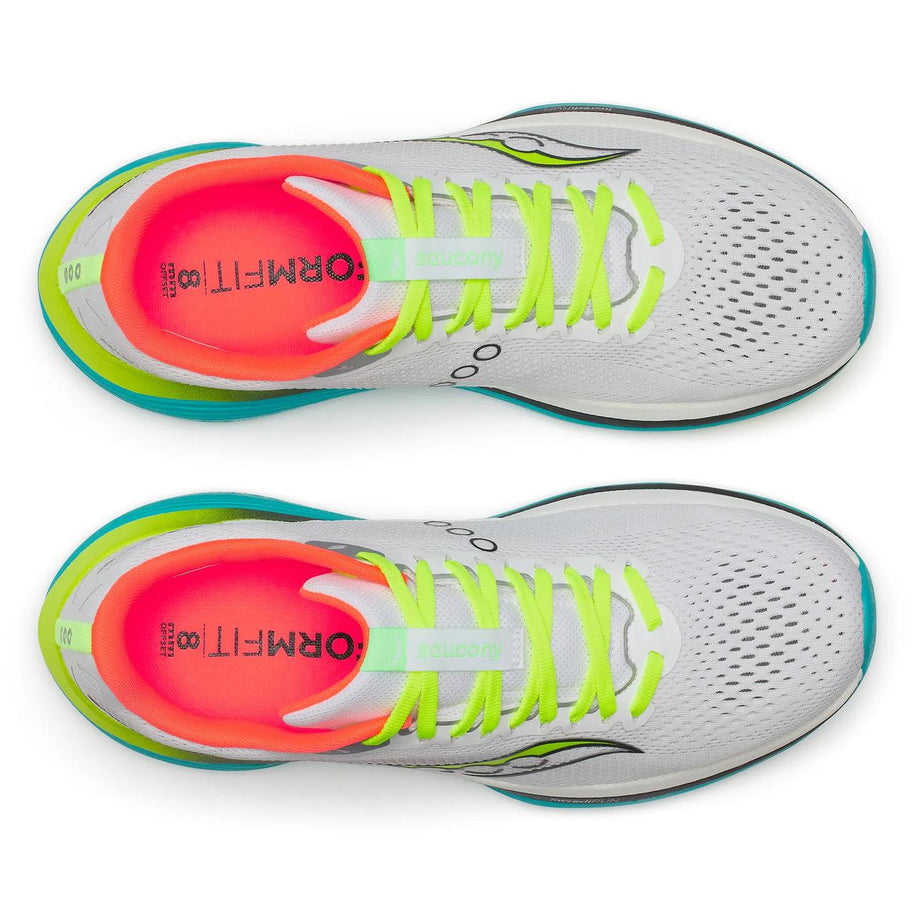 Saucony Endorphin Trainer men's running shoes in White/Mutant, top view of the pair with coral insoles