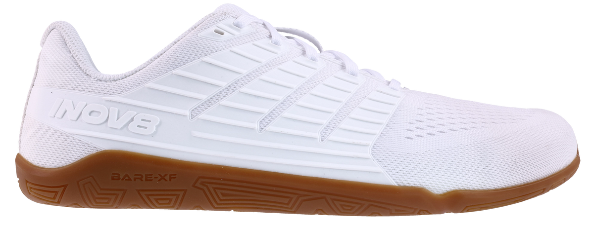 Inov8 Bare-XF V2 Wide women's training shoe in White/Gum, side view of white upper on gum rubber sole