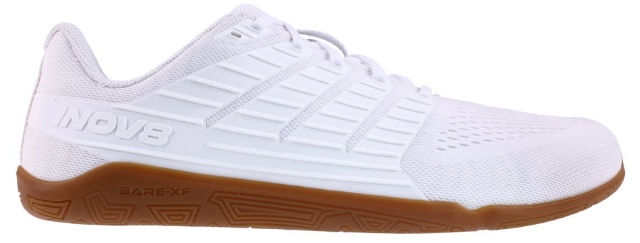 Inov8 Bare-XF V2 Wide women's training shoe in White/Gum, side view of white upper on gum rubber sole