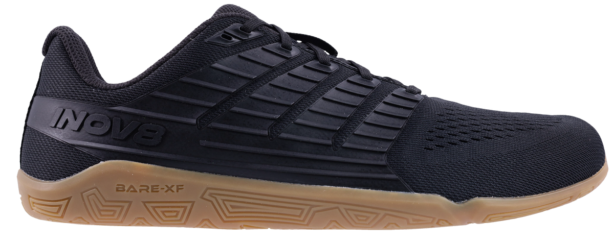 Inov8 Bare-XF V2 Wide women's training shoe in Black/Gum, side view of black upper on gum rubber sole