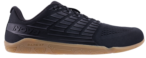 Inov8 Bare-XF V2 Wide women's training shoe in Black/Gum, side view of black upper on gum rubber sole
