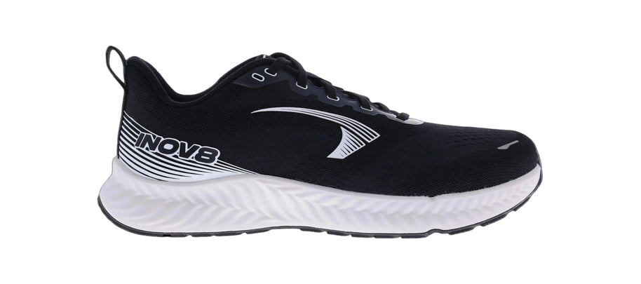 Inov8 RoadFly men's road running shoe in black with white midsole, side view showing the white Inov8 logo