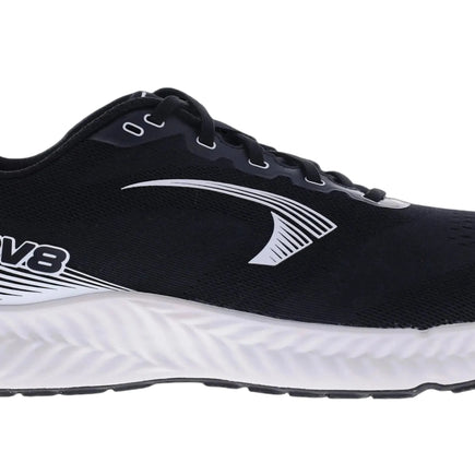 Inov8 RoadFly men's road running shoe in black with white midsole, side view showing the white Inov8 logo