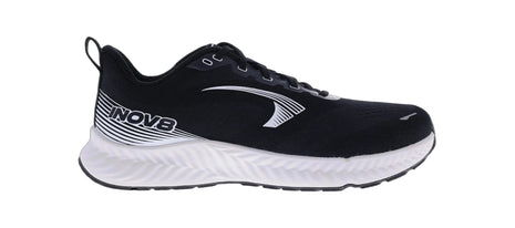 Inov8 RoadFly men's road running shoe in black with white midsole, side view showing the white Inov8 logo