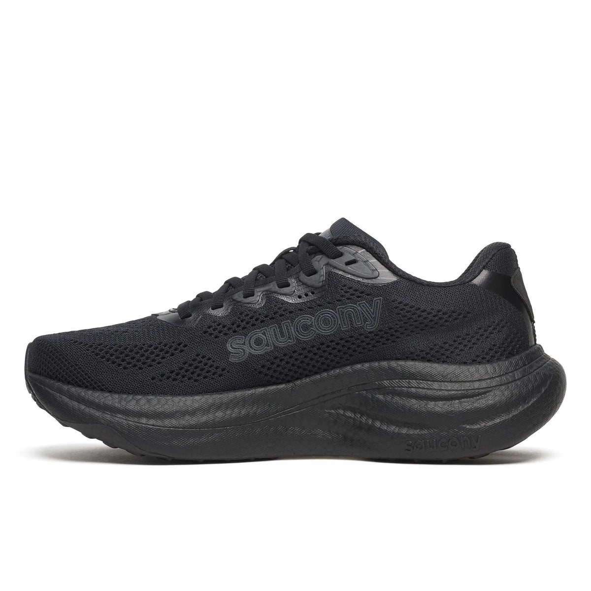 Inner side view of the Saucony Ride 19 Wide women's road running shoe in Triple Black with tonal logo