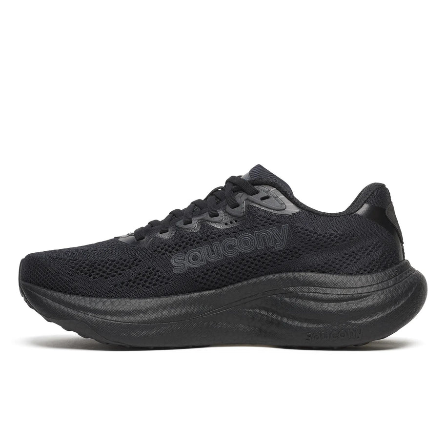 Inner side view of the Saucony Ride 19 Wide women's road running shoe in Triple Black with tonal logo
