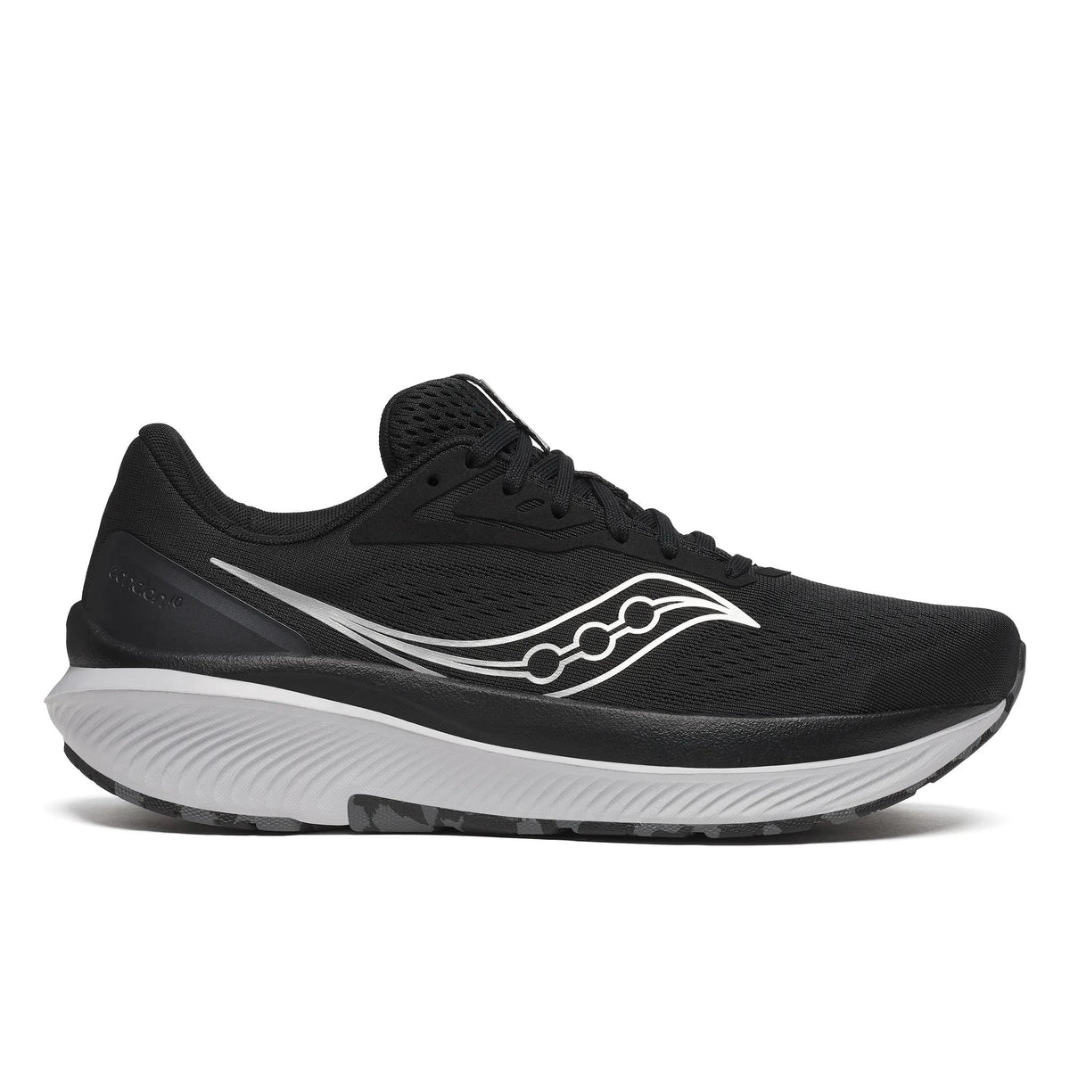 Saucony Echelon 10 X Wide men's road running shoe in Black/Silver, side view of black upper with silver logo