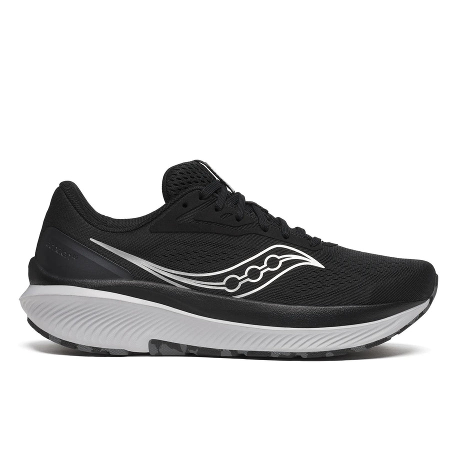 Saucony Echelon 10 X Wide men's road running shoe in Black/Silver, side view of black upper with silver logo