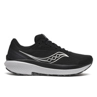 Saucony Echelon 10 X Wide men's road running shoe in Black/Silver, side view of black upper with silver logo