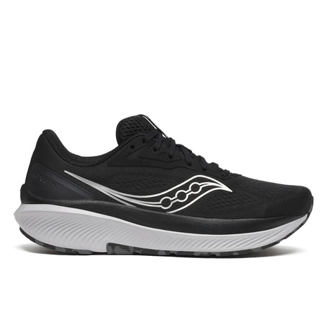 Saucony Echelon 10 X Wide men's road running shoe in Black/Silver, side view of black upper with silver logo