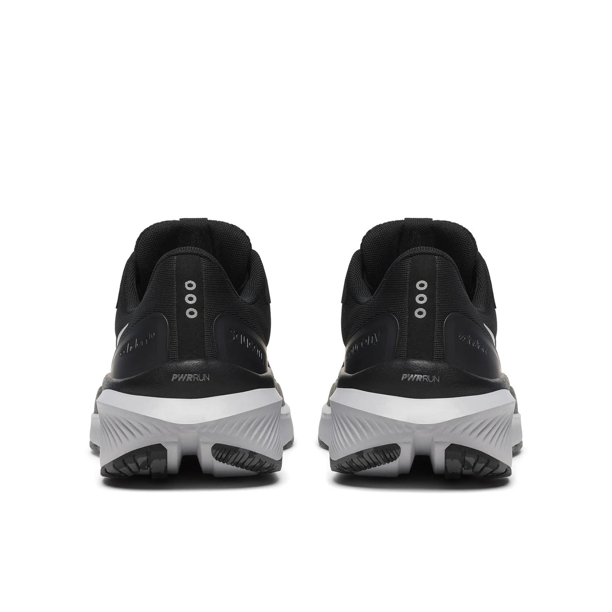 Pair of Saucony Echelon 10 X Wide men's road running shoes in Black/Silver, back heel view with white midsoles