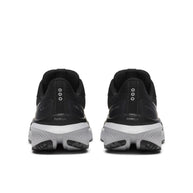Pair of Saucony Echelon 10 X Wide men's road running shoes in Black/Silver, back heel view with white midsoles