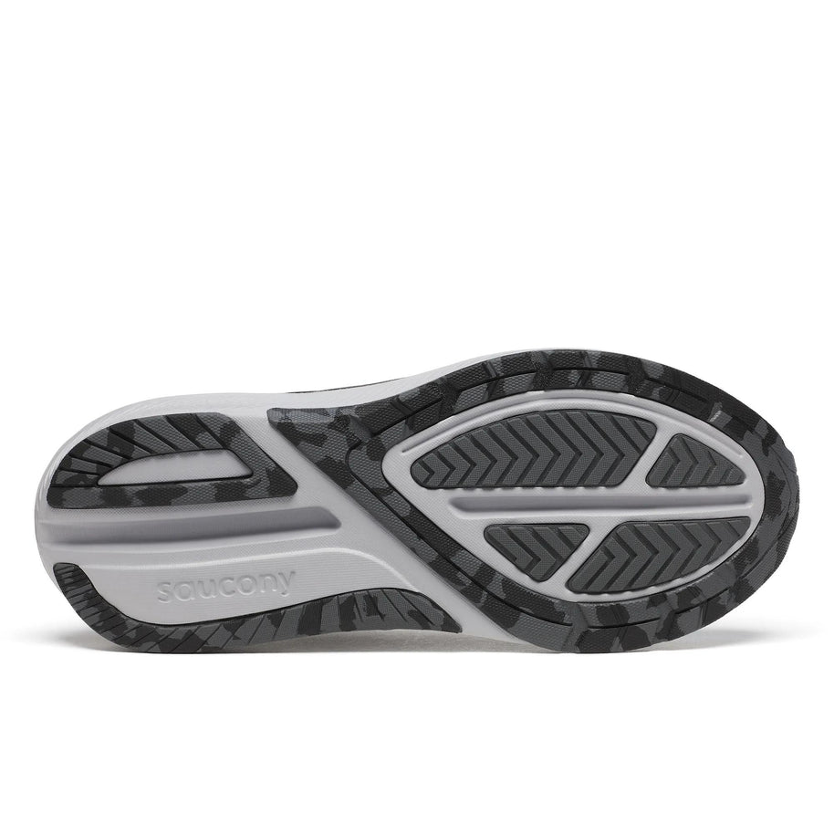 Saucony Echelon 10 X Wide men's road running shoe in Black/Silver, outsole view of grey and camo-pattern rubber