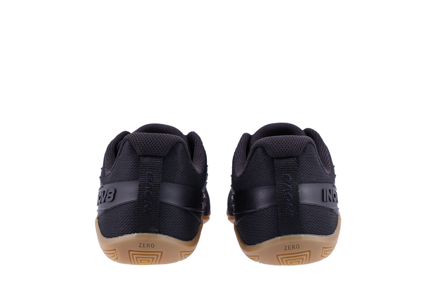 Pair of Inov8 Bare-XF V2 Wide women's training shoes in Black/Gum, back view of heels and gum soles
