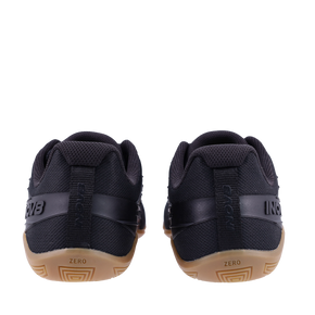 Pair of Inov8 Bare-XF V2 Wide women's training shoes in Black/Gum, back view of heels and gum soles