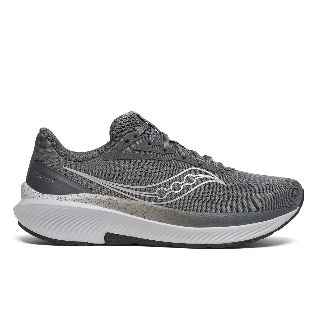 Saucony Echelon 10 X Wide men's road running shoe in Carbon/Black, side view of dark grey upper and white midsole
