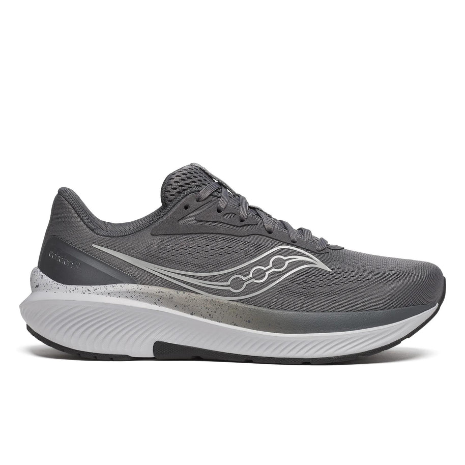 Saucony Echelon 10 X Wide men's road running shoe in Carbon/Black, side view of dark grey upper and white midsole