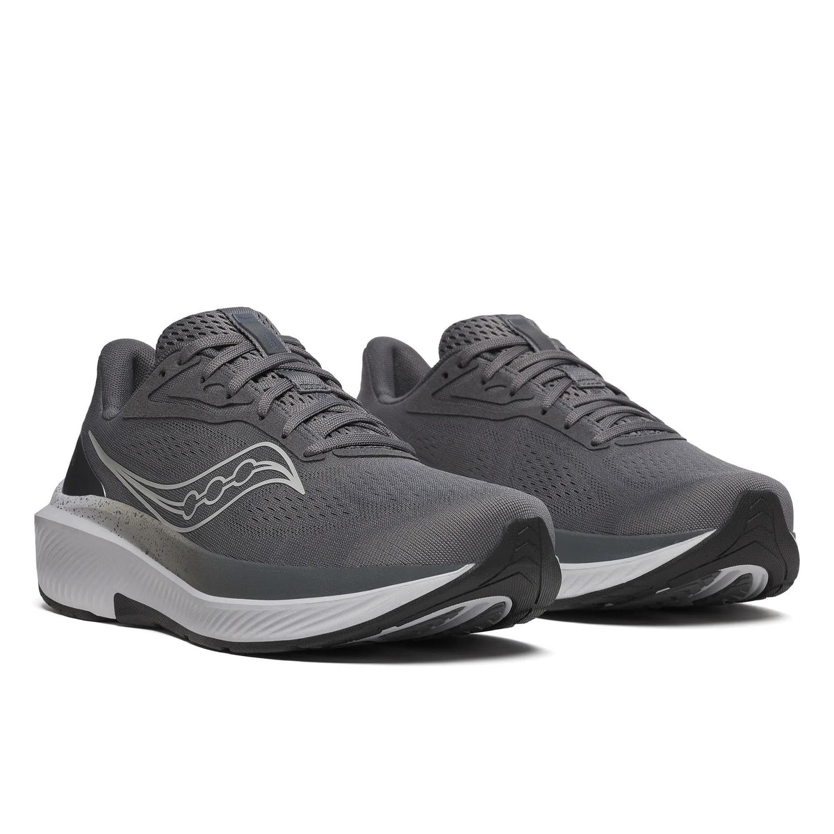 Pair of Saucony Echelon 10 X Wide men's road running shoes in Carbon/Black, front three-quarter view