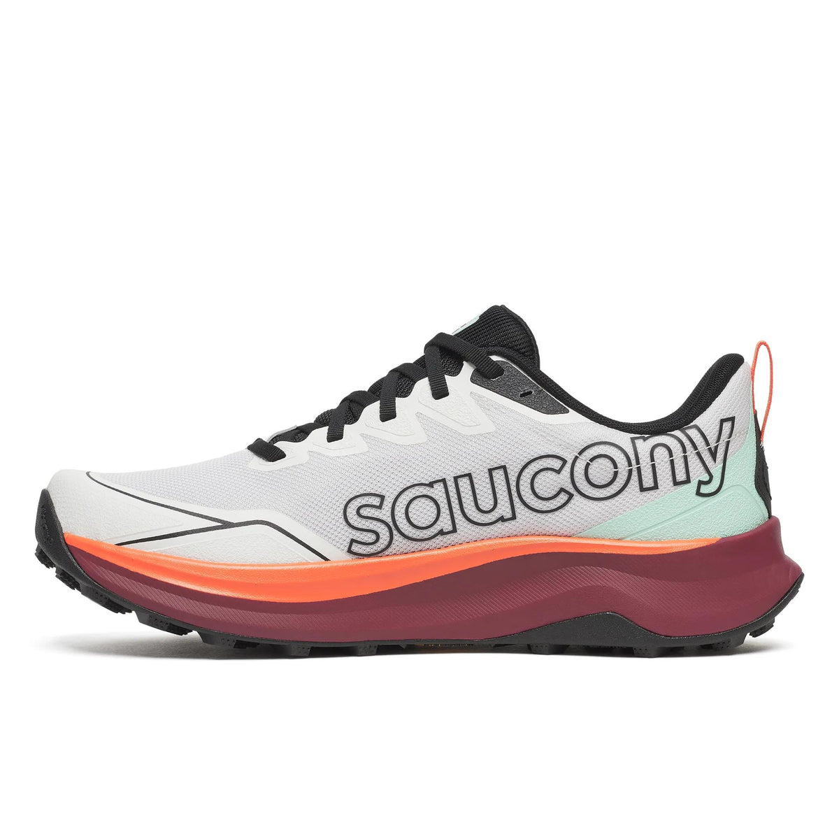 Inner side view of the Saucony Peregrine 16 men's trail running shoe in White/Crimson with outlined logo