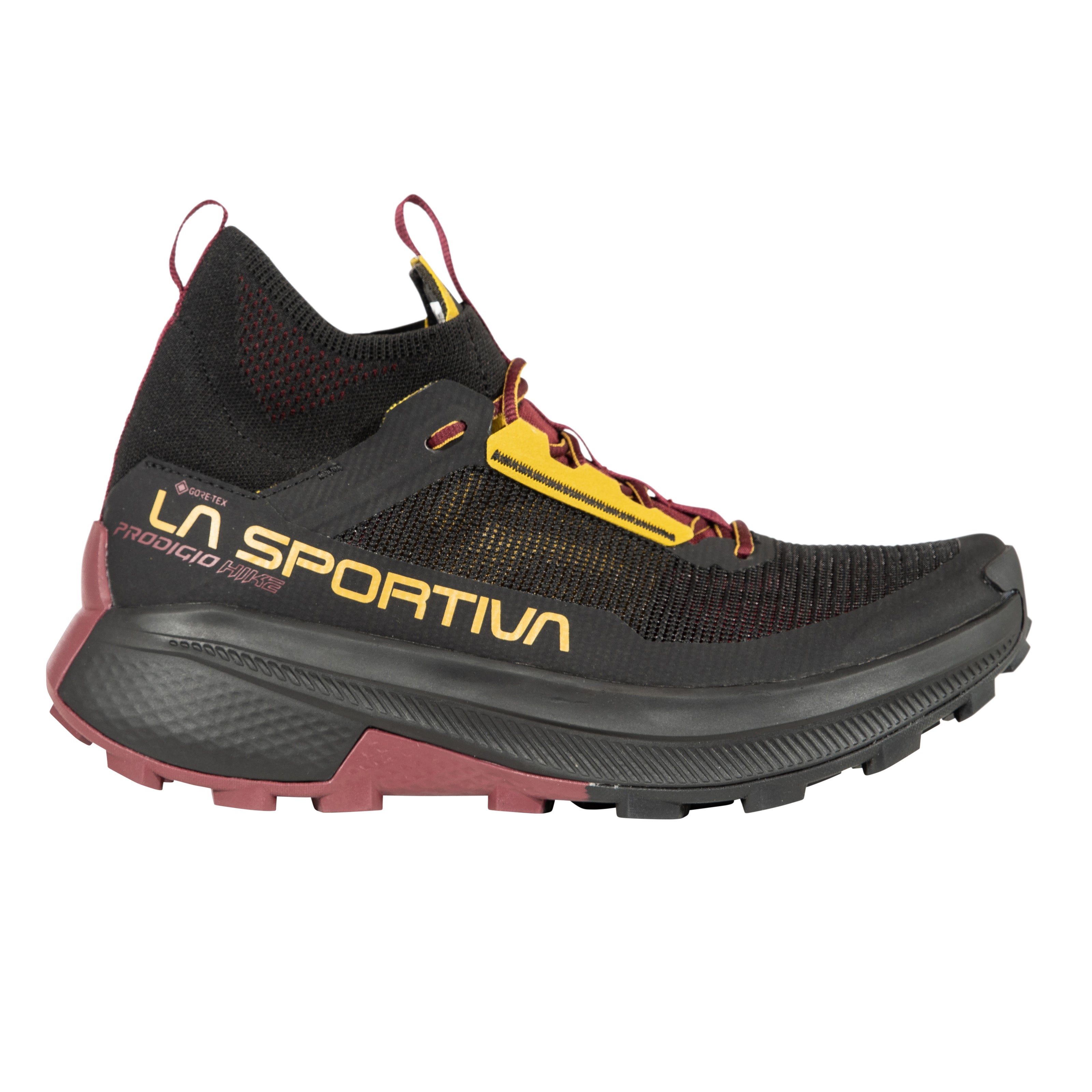 Prodigio Hike GTX - Men by La Sportiva in black and burgundy, breathable durable hiking shoe for mountain terrain and efficient movement