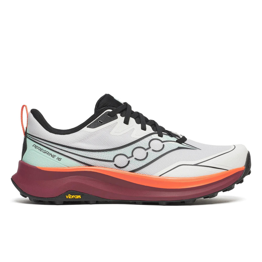 Saucony Peregrine 16 men's trail running shoe in White/Crimson, side view of white upper with orange and crimson sole