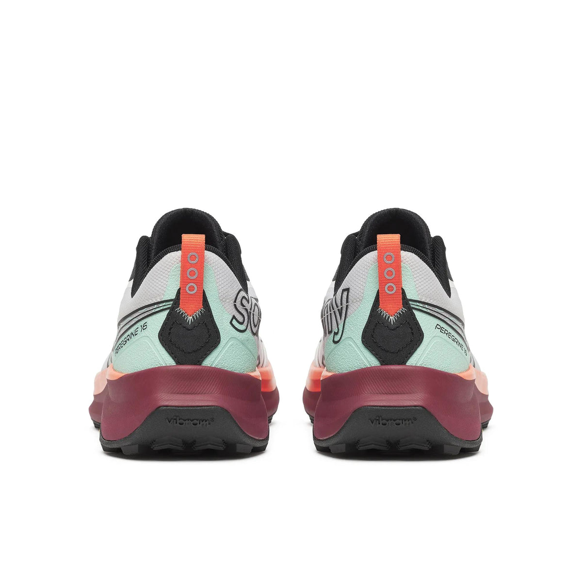 Back view of a pair of Saucony Peregrine 16 men's trail running shoes in White/Crimson with mint heels