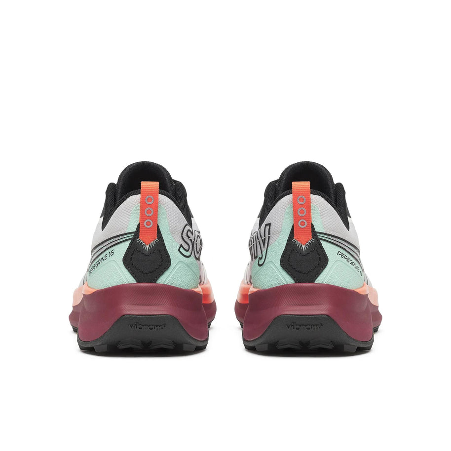 Back view of a pair of Saucony Peregrine 16 men's trail running shoes in White/Crimson with mint heels