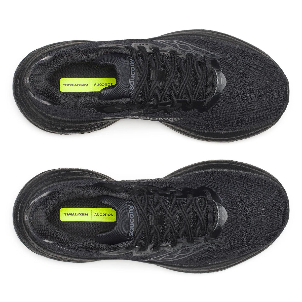 Top-down view of a pair of Saucony Ride 19 Wide women's road running shoes in Triple Black