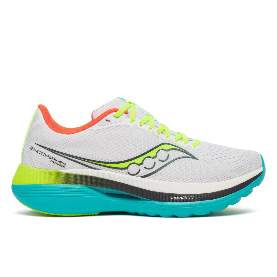 Saucony Endorphin Trainer men's road running shoe in White/Mutant, side view of white upper and teal midsole