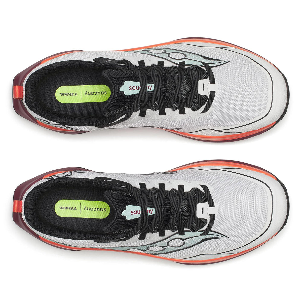 Top-down view of a pair of Saucony Peregrine 16 men's trail running shoes in White/Crimson