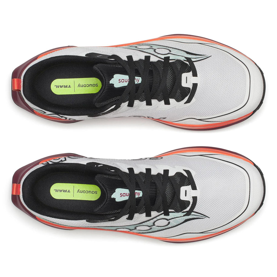 Top-down view of a pair of Saucony Peregrine 16 men's trail running shoes in White/Crimson
