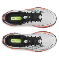 Top-down view of a pair of Saucony Peregrine 16 men's trail running shoes in White/Crimson