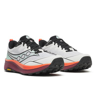 Pair of Saucony Peregrine 16 men's trail running shoes in White/Crimson, front three-quarter view