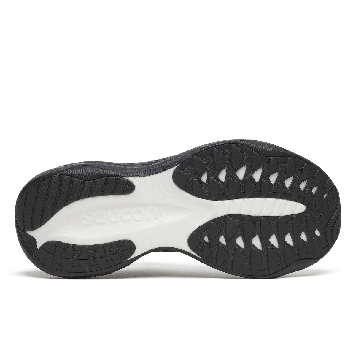 Outsole of the Saucony Ride 19 Wide women's road running shoe in Triple Black, black rubber with white centre