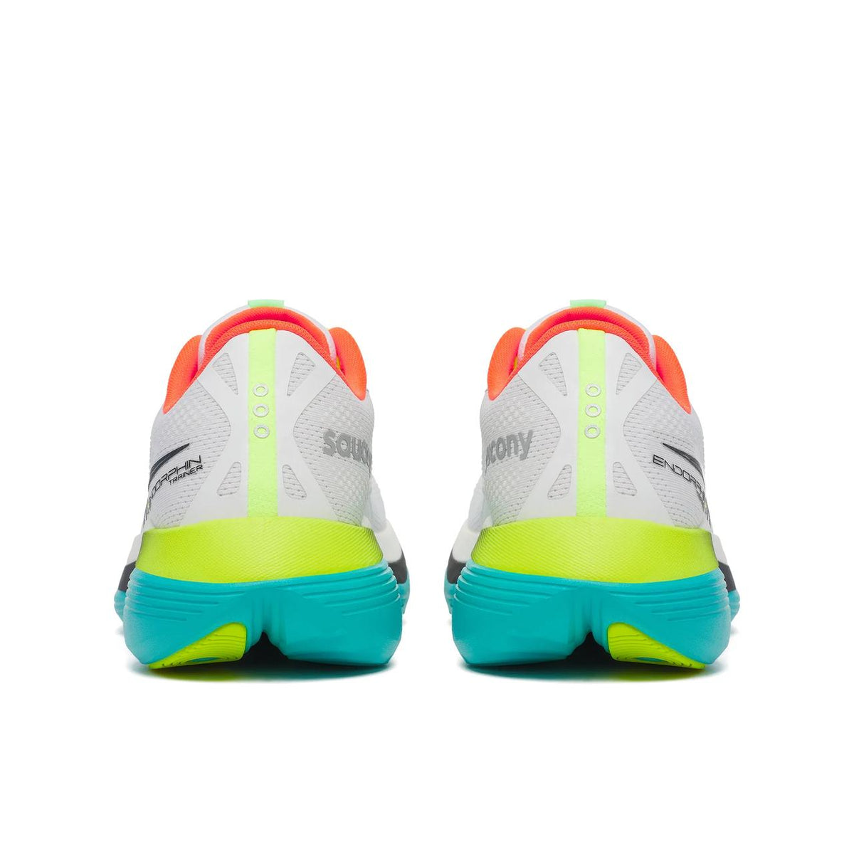 Saucony Endorphin Trainer men's running shoes in White/Mutant, heel view of the pair