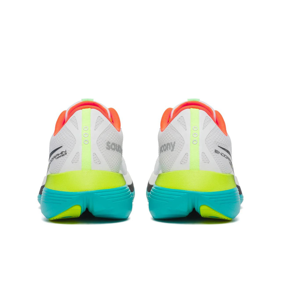 Saucony Endorphin Trainer men's running shoes in White/Mutant, heel view of the pair