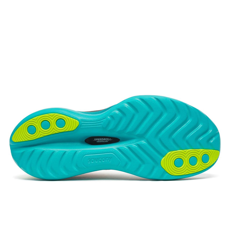Saucony Endorphin Trainer men's running shoe in White/Mutant, outsole view of the teal and yellow tread