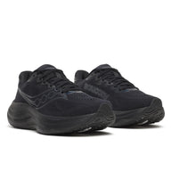 Pair of Saucony Ride 19 Wide women's road running shoes in Triple Black, front three-quarter view