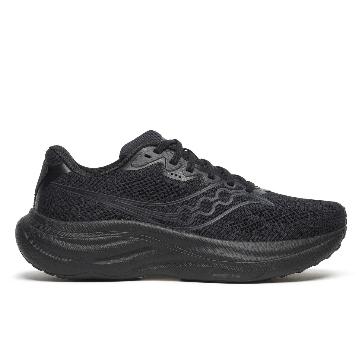 Saucony Ride 19 Wide women's road running shoe in Triple Black, side view of all-black upper and midsole