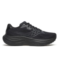 Saucony Ride 19 Wide women's road running shoe in Triple Black, side view of all-black upper and midsole