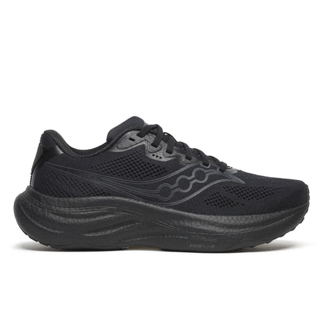 Saucony Ride 19 Wide women's road running shoe in Triple Black, side view of all-black upper and midsole