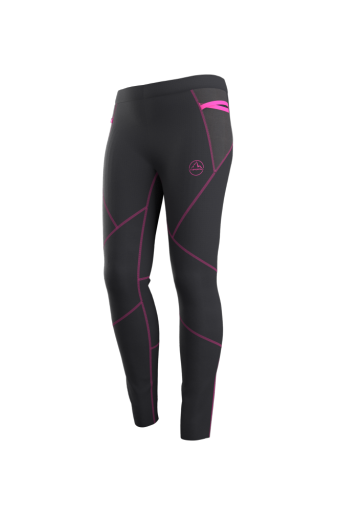 Primal Pant - Women by La Sportiva in black with pink accents, wind and mud resistant tights for cold weather trail running