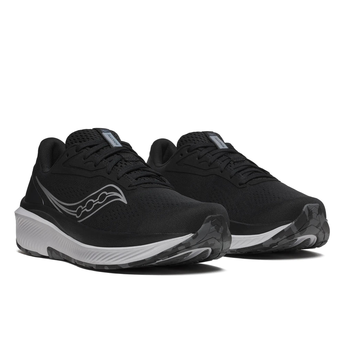 Pair of Saucony Echelon 10 X Wide men's road running shoes in Black/Silver, front three-quarter view