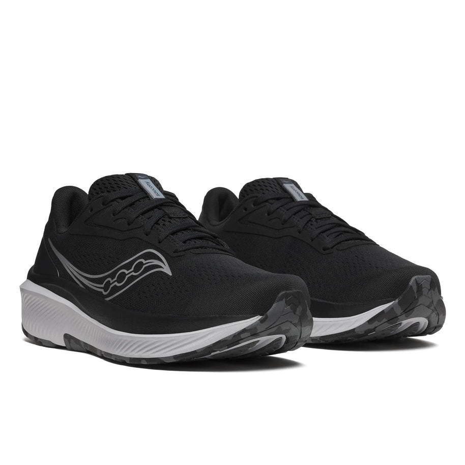 Pair of Saucony Echelon 10 X Wide men's road running shoes in Black/Silver, front three-quarter view