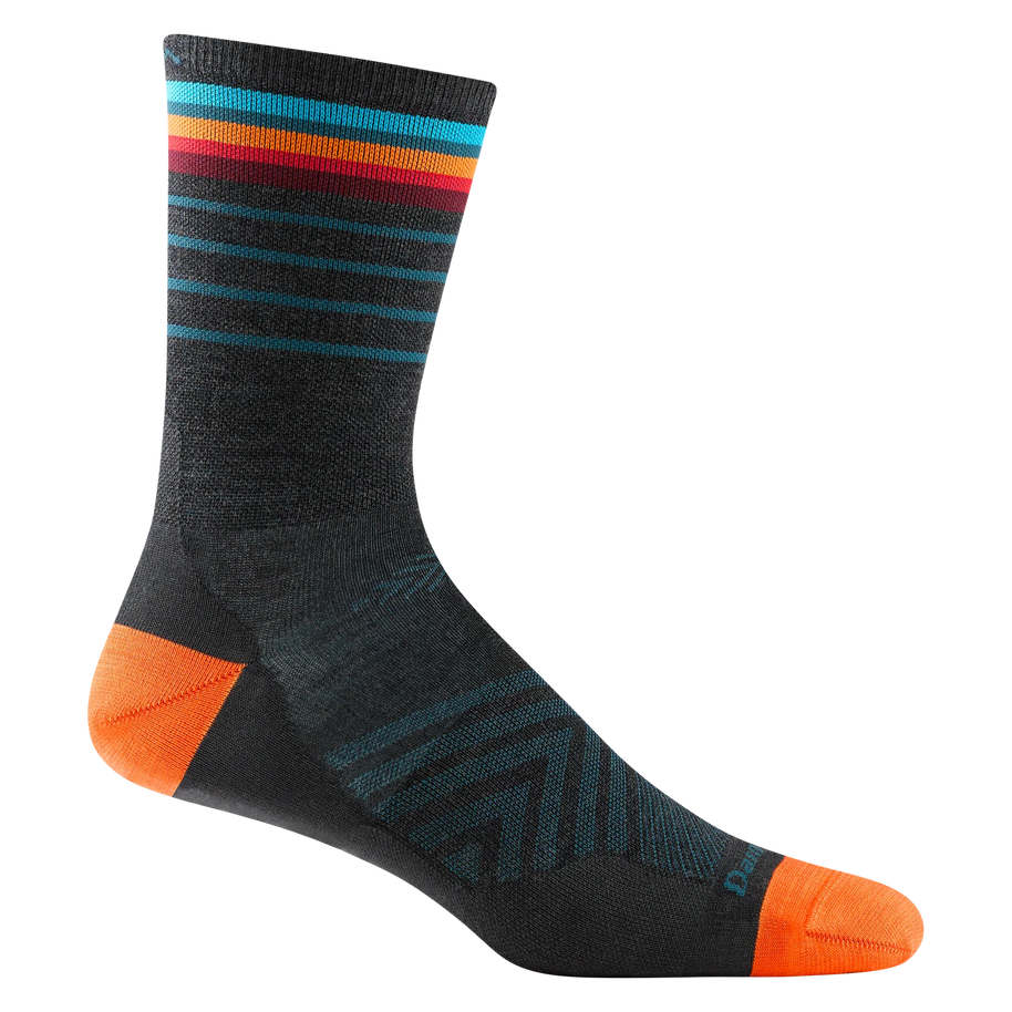 Stride Micro Crew Ultra-Lightweight Running Sock - Men by Darn Tough in black with orange and blue stripes, smooth fit with arch support for running